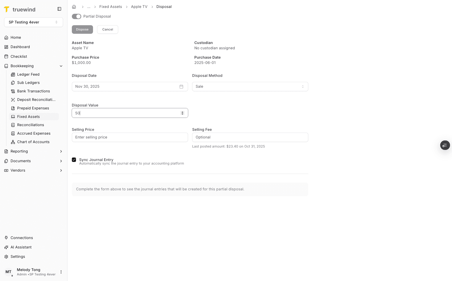 Screenshot showing Enter disposal value