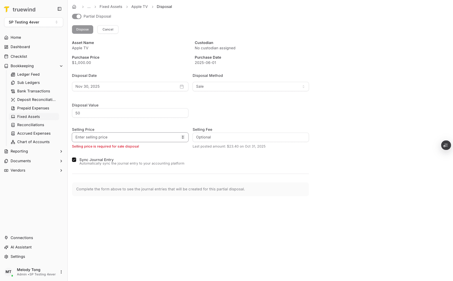 Screenshot showing Enter selling price if the asset is for sale