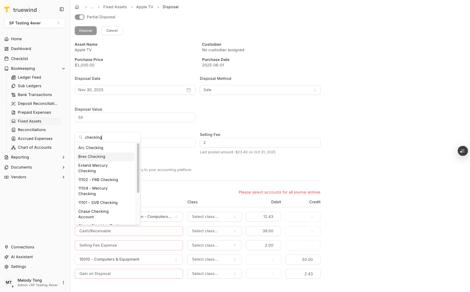 Screenshot showing Select Brex Checking