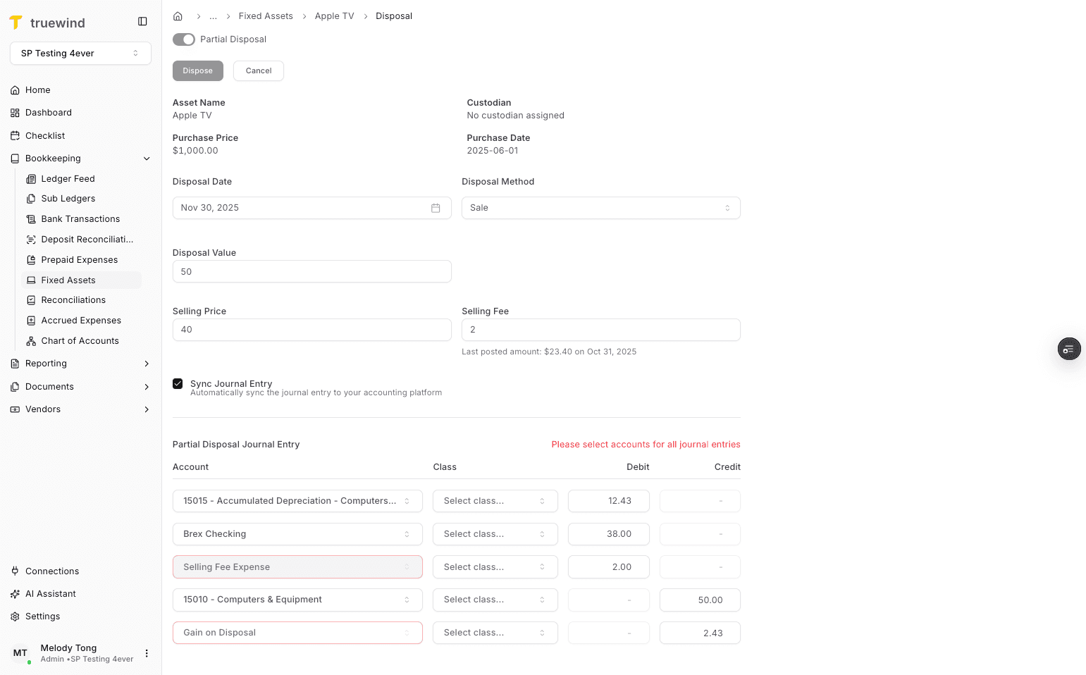 Screenshot showing Select Selling Fee Expense