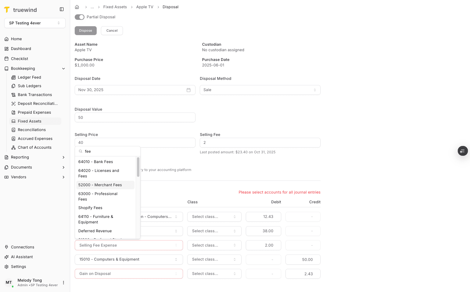 Screenshot showing Select 52000 - Merchant Fees