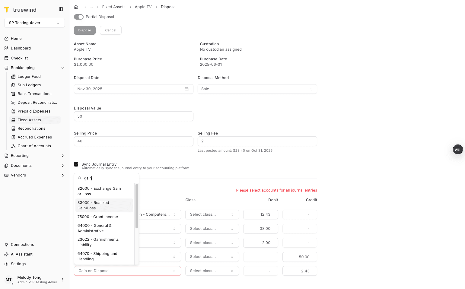 Screenshot showing Select 83000 - Realized Gain/Loss