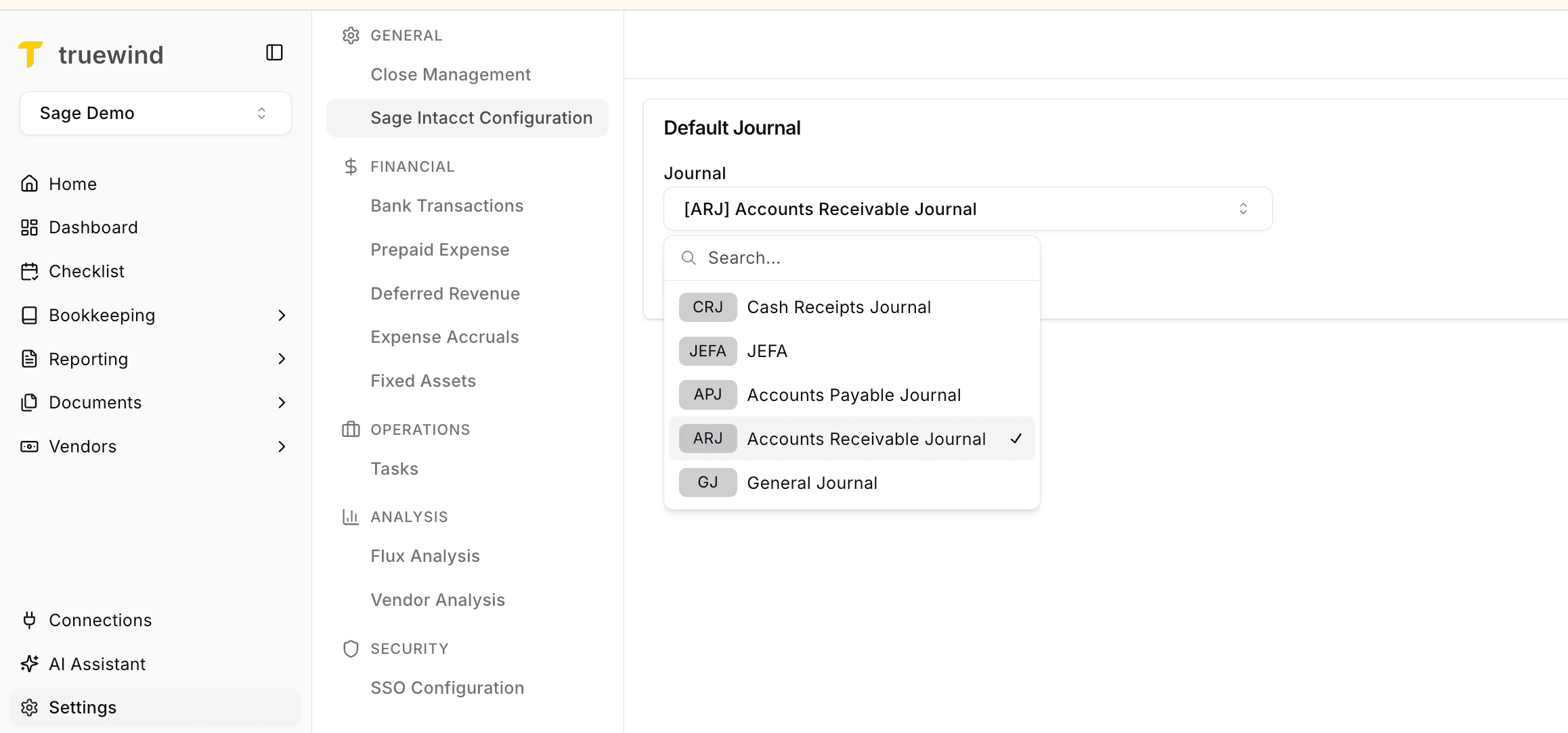 Screenshot showing Open Truewind -> Setting -> General -> Sage Intacct Configuration