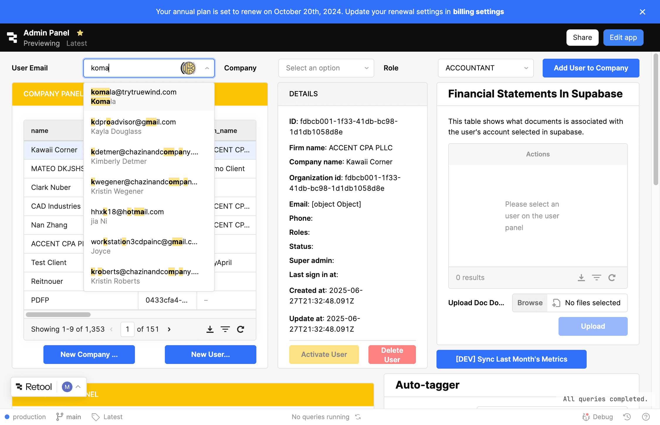 Screenshot showing the selected user account in Retool