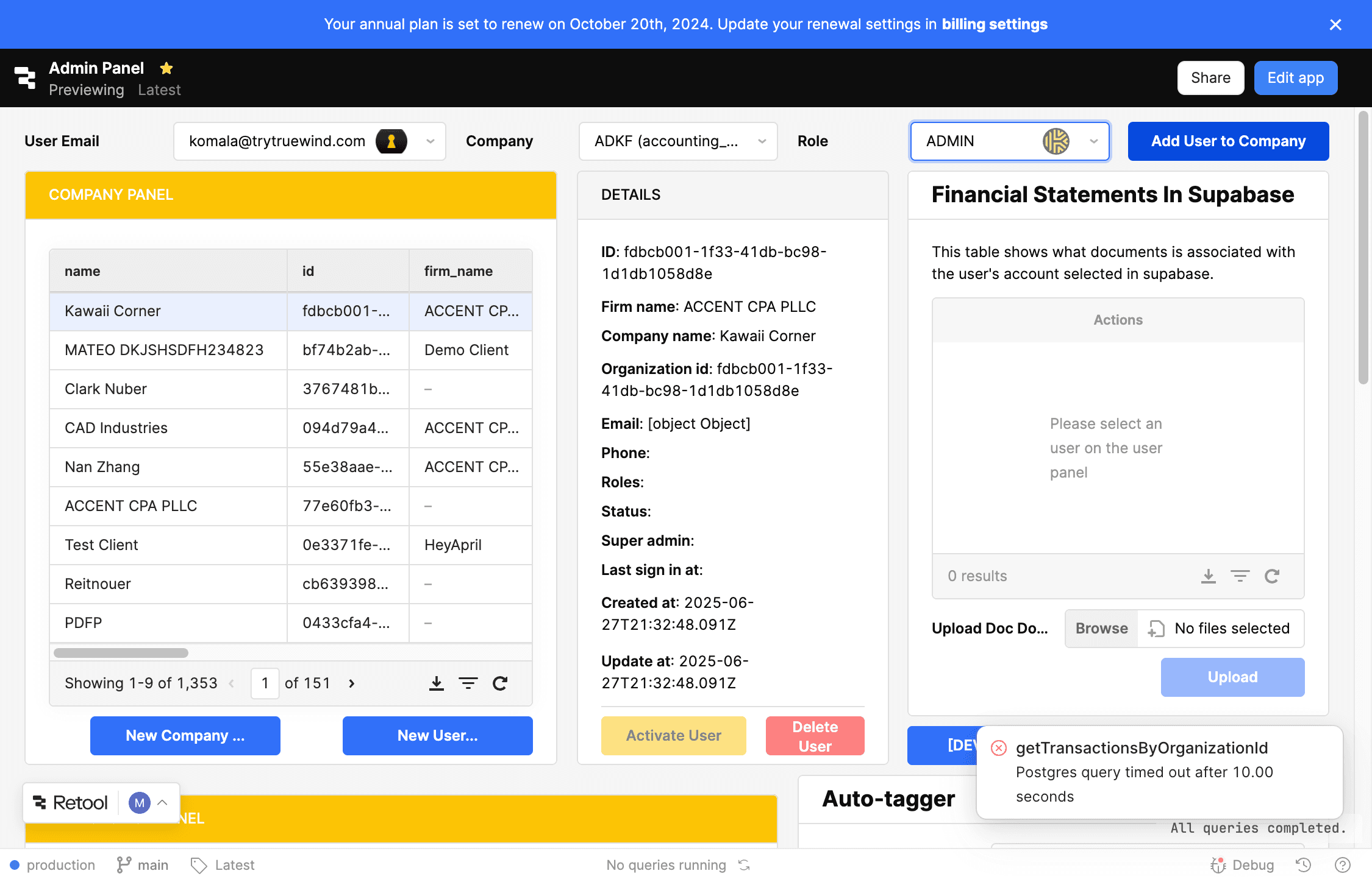 Screenshot showing the Add User to Company action in Retool