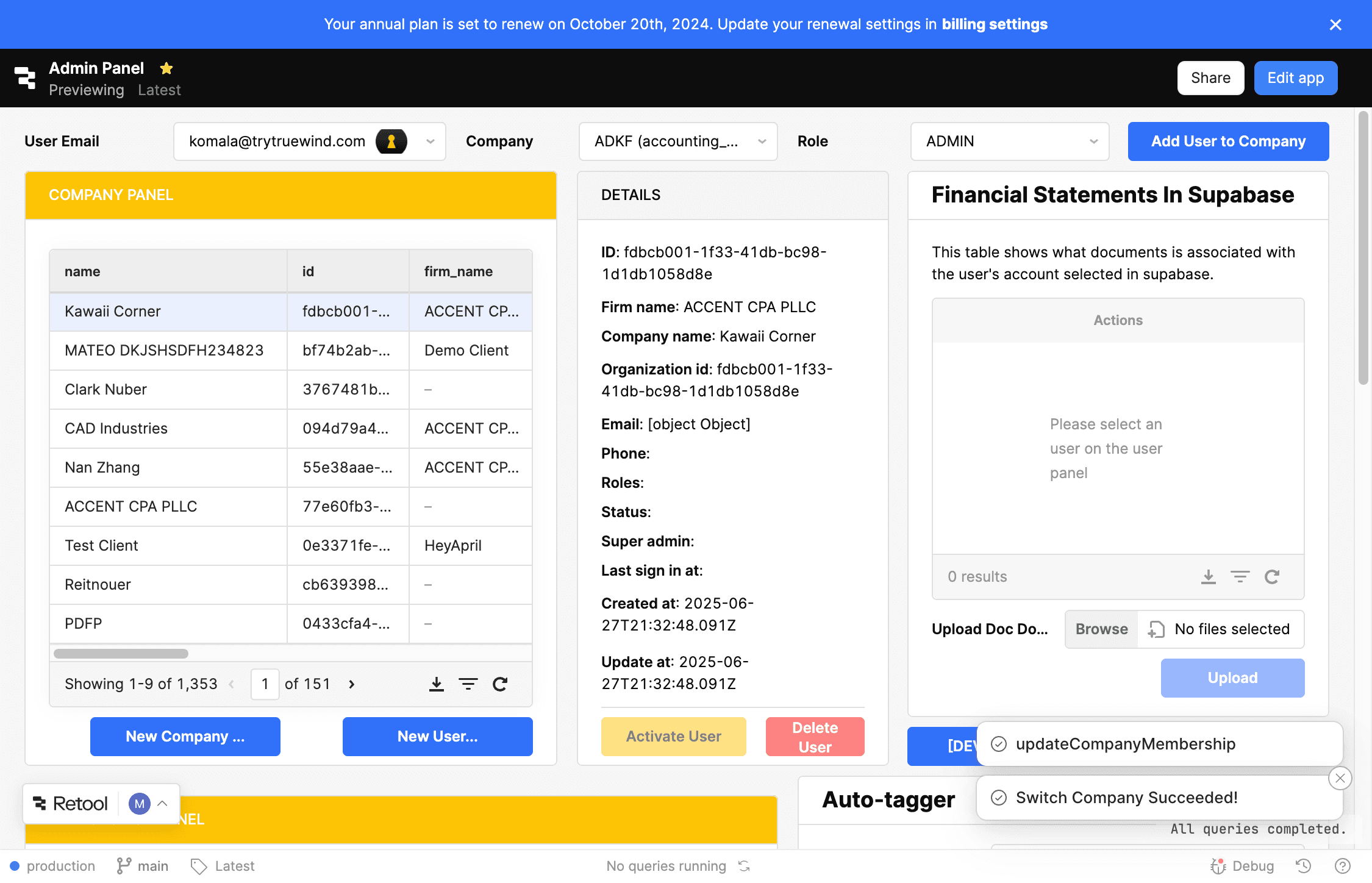 Screenshot showing the company switch success message in Retool