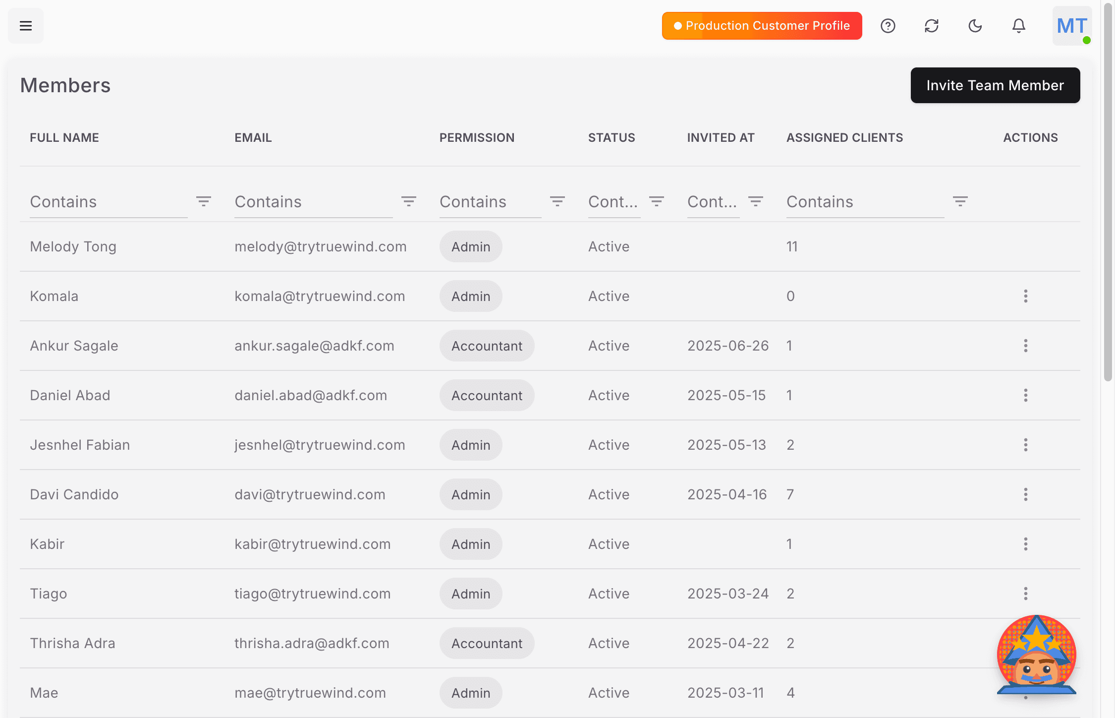 Screenshot showing the user in the Members list in Truewind