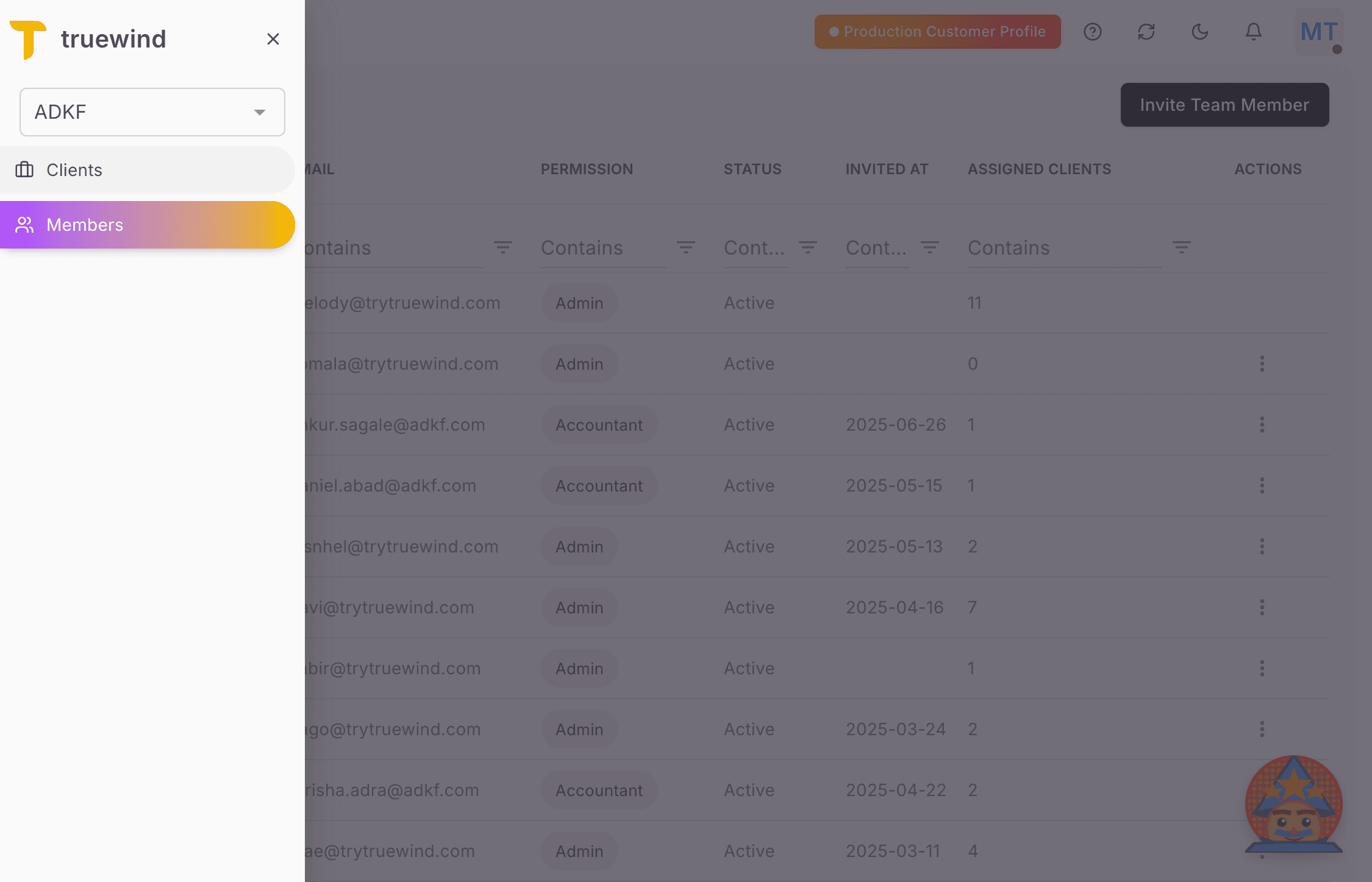 Screenshot showing the selected client in Truewind