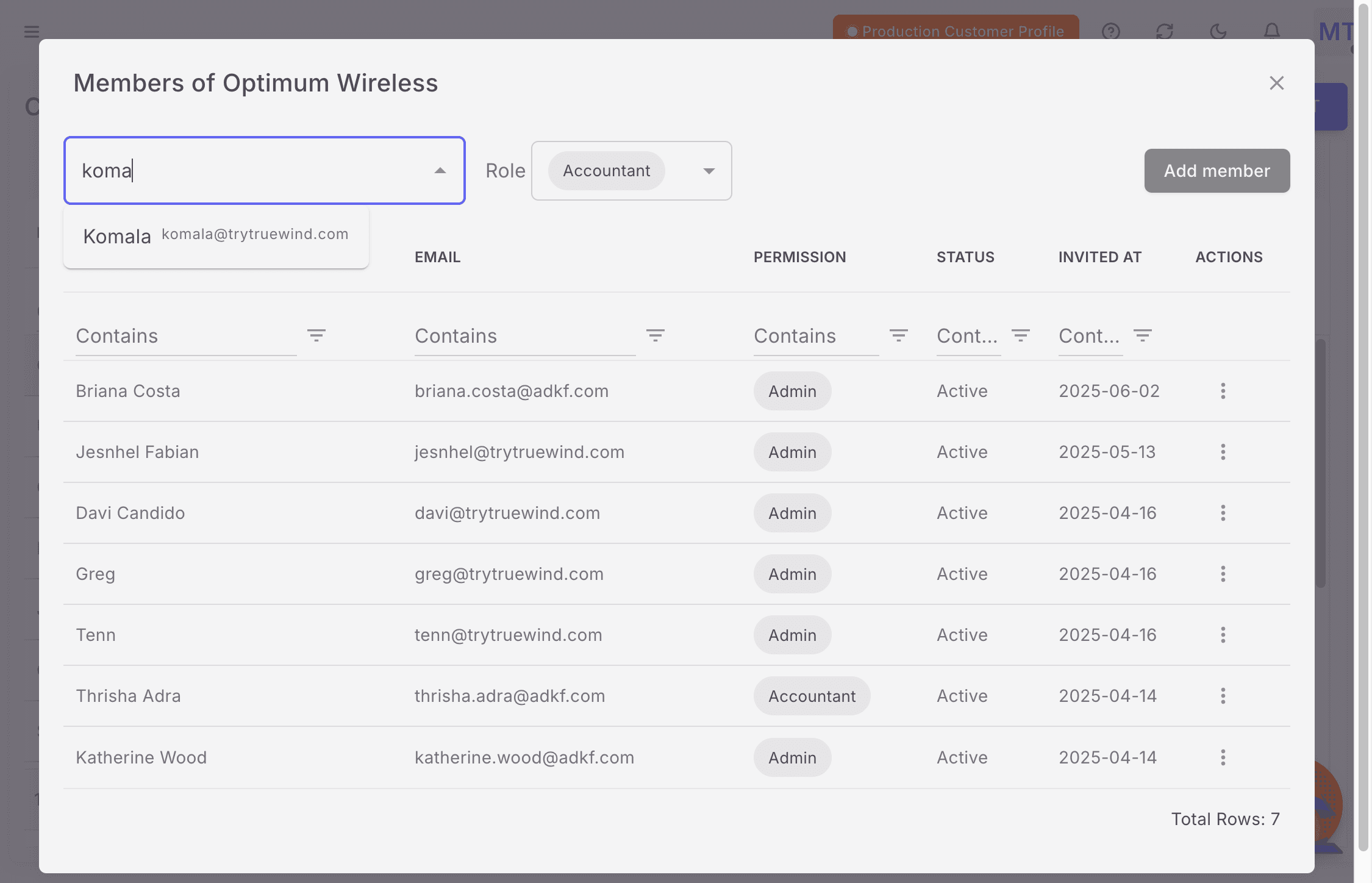 Screenshot showing the selected user in the client member picker