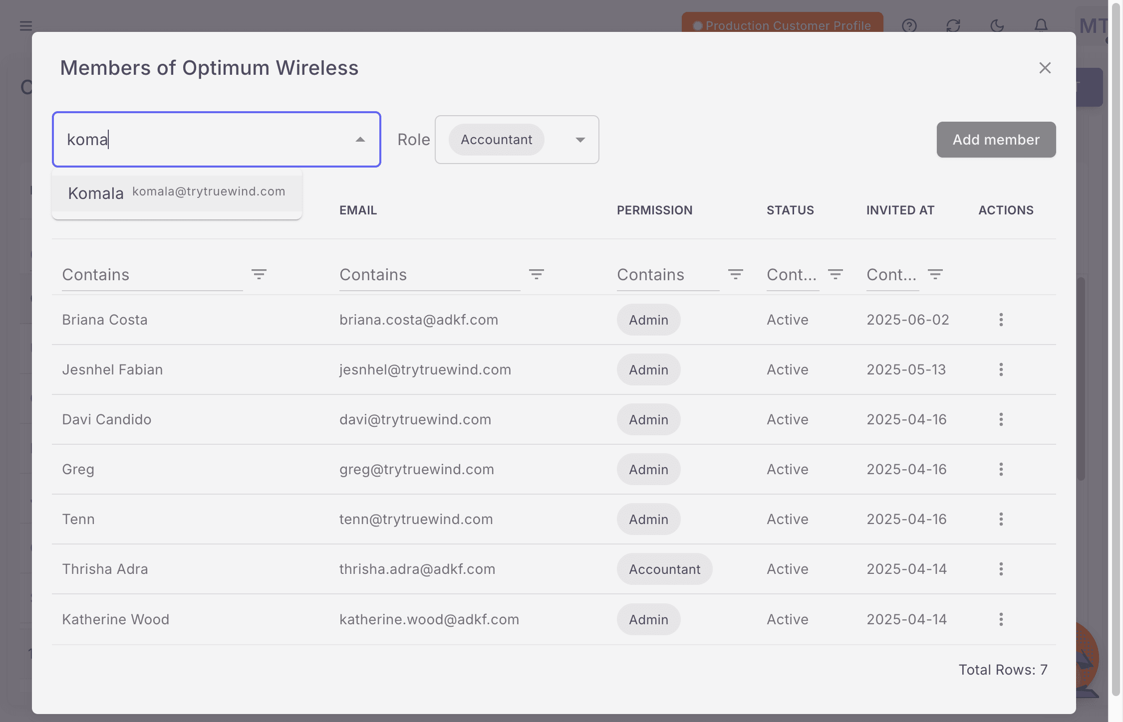 Screenshot showing the current client role in Truewind