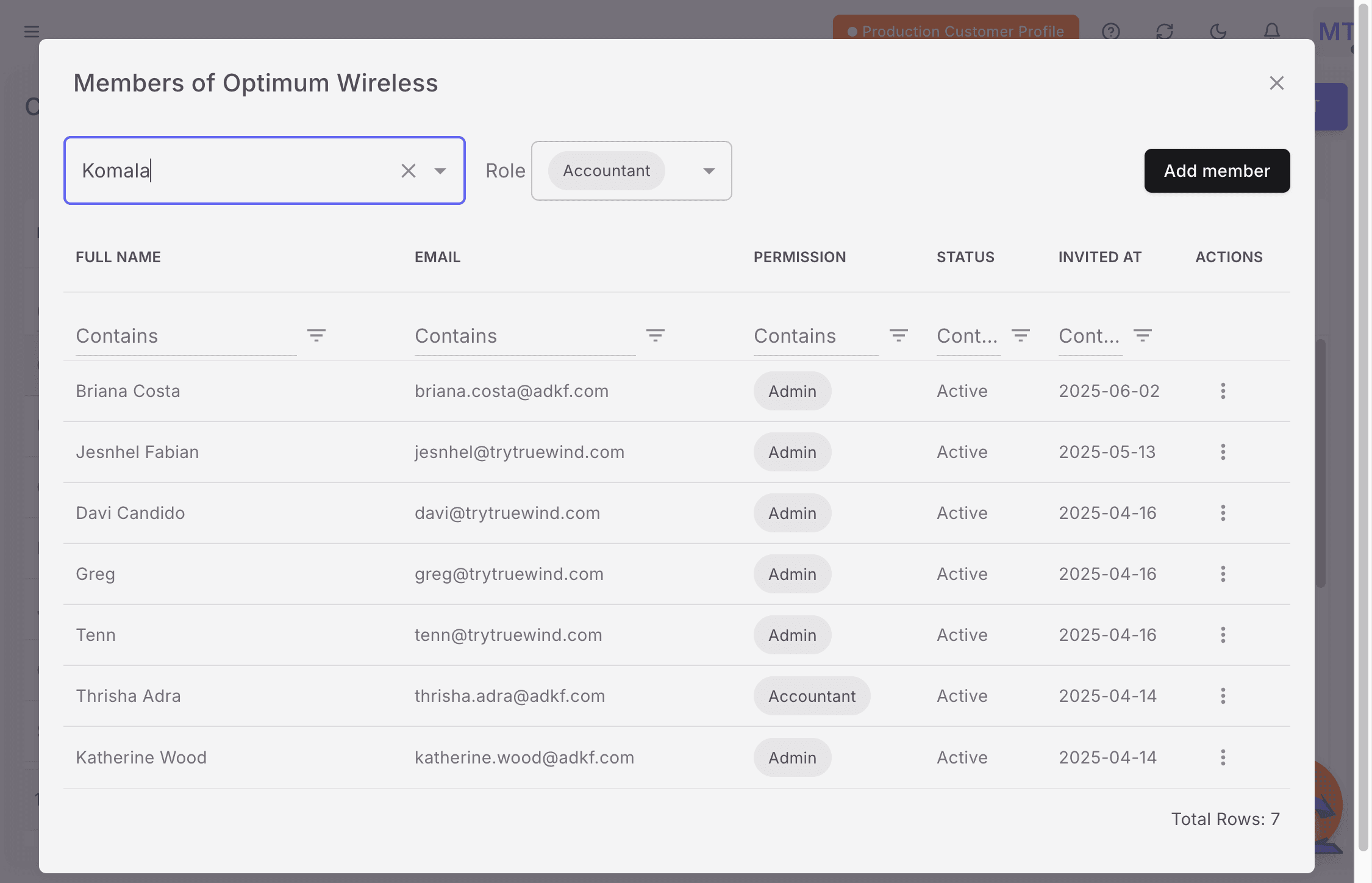 Screenshot showing the Admin client role selected in Truewind