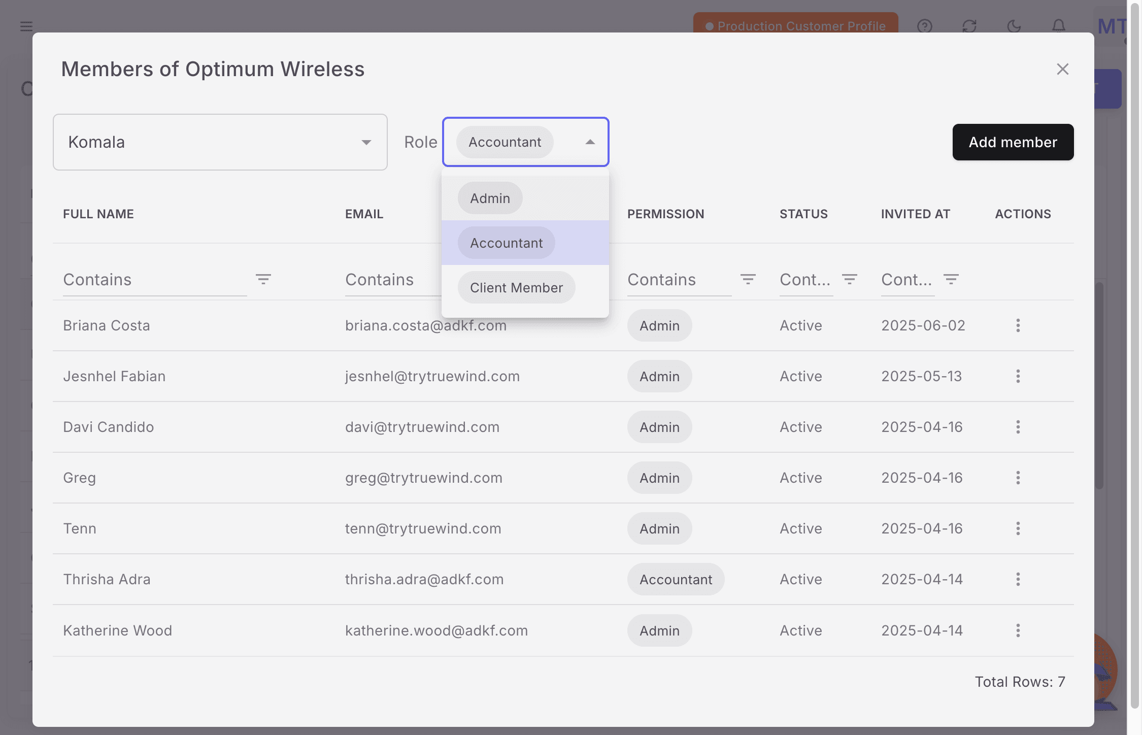 Screenshot showing the Add member action in Truewind