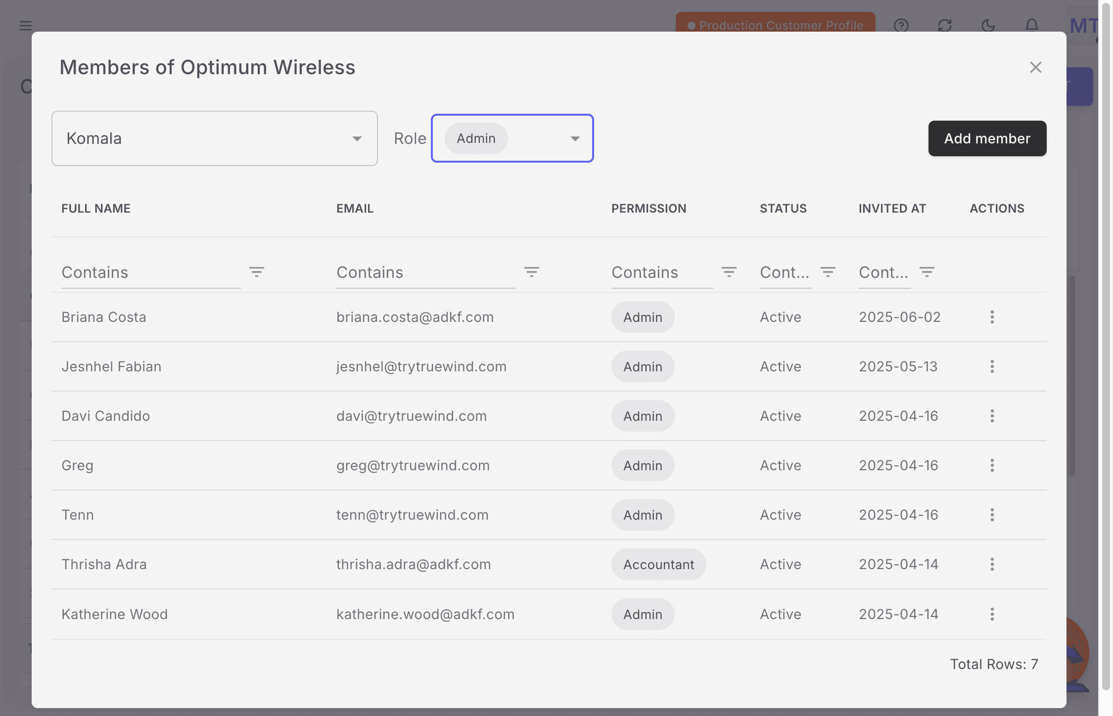 Screenshot showing the member added successfully message in Truewind