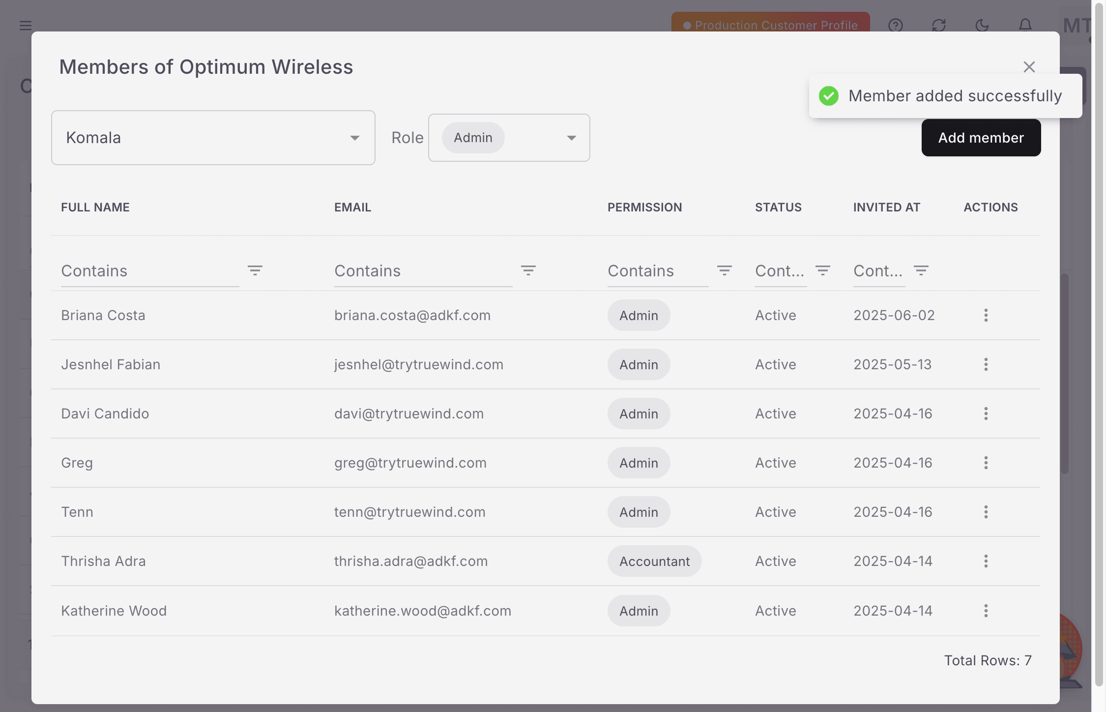 Screenshot showing the completed client member assignment in Truewind