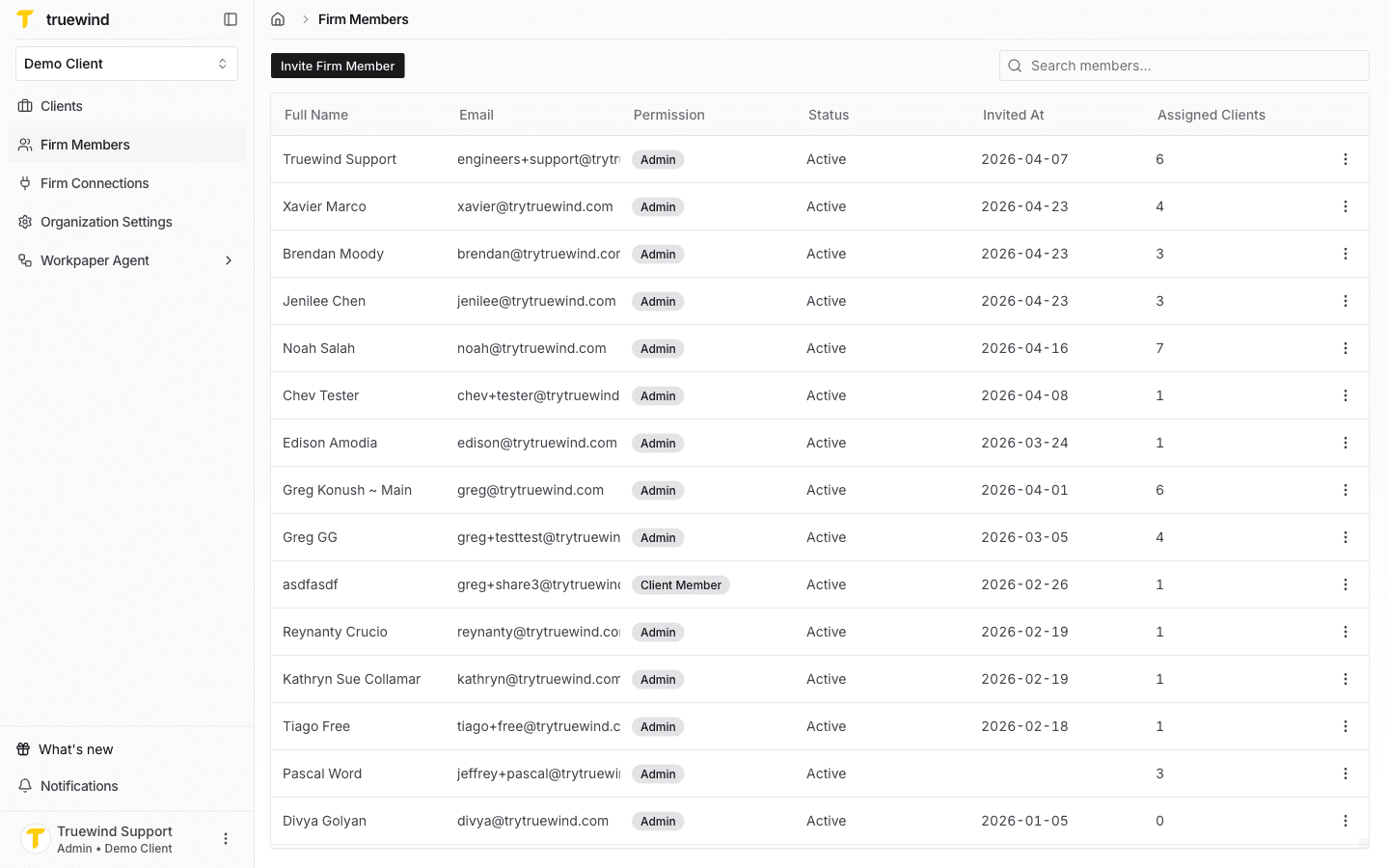 Screenshot showing start in Truewind on Members so the current invite button, member table, and search controls are available