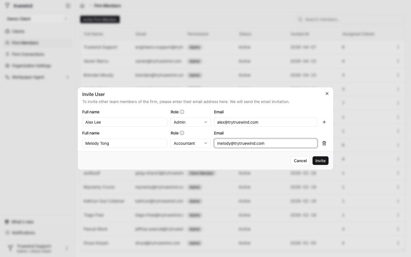 Screenshot showing click on Invite Firm Member button to open the Invite User dialog, where you can bulk add multiple users. For each user, make sure to provide their full name, role and email address
