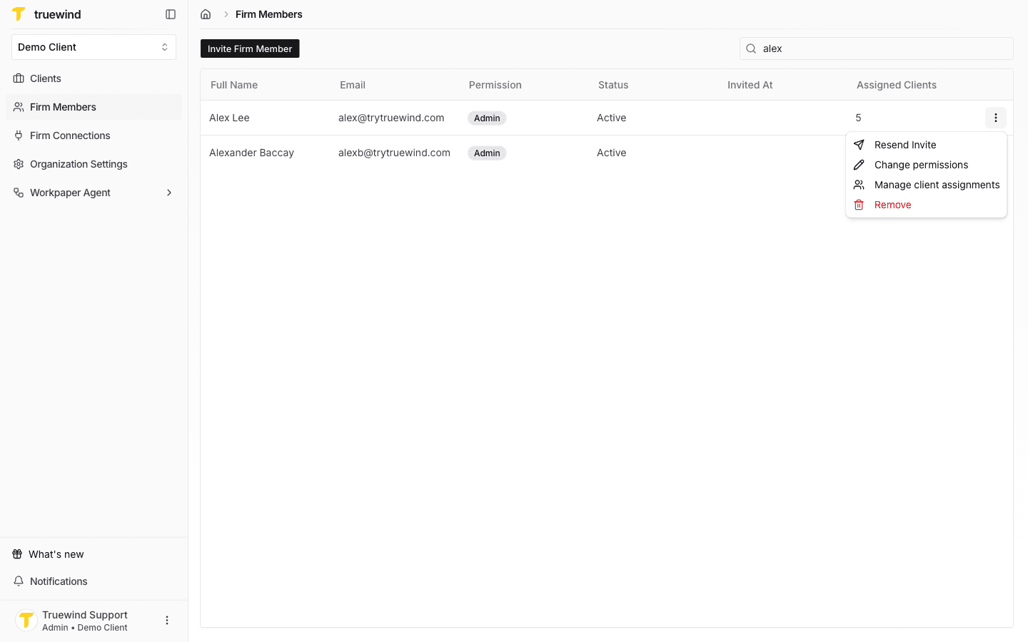 Screenshot showing for each member, there's an actions button at the end of its row. Click on it to reveal a few actions such as Resend invite, Change permissions, Manage client assignments and Remove