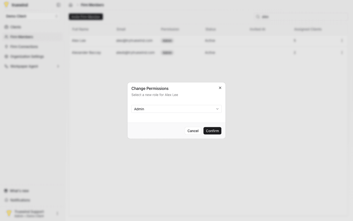 Screenshot showing click on Change permissions to optn the change Permissions dialog, where you can modify the role for that member