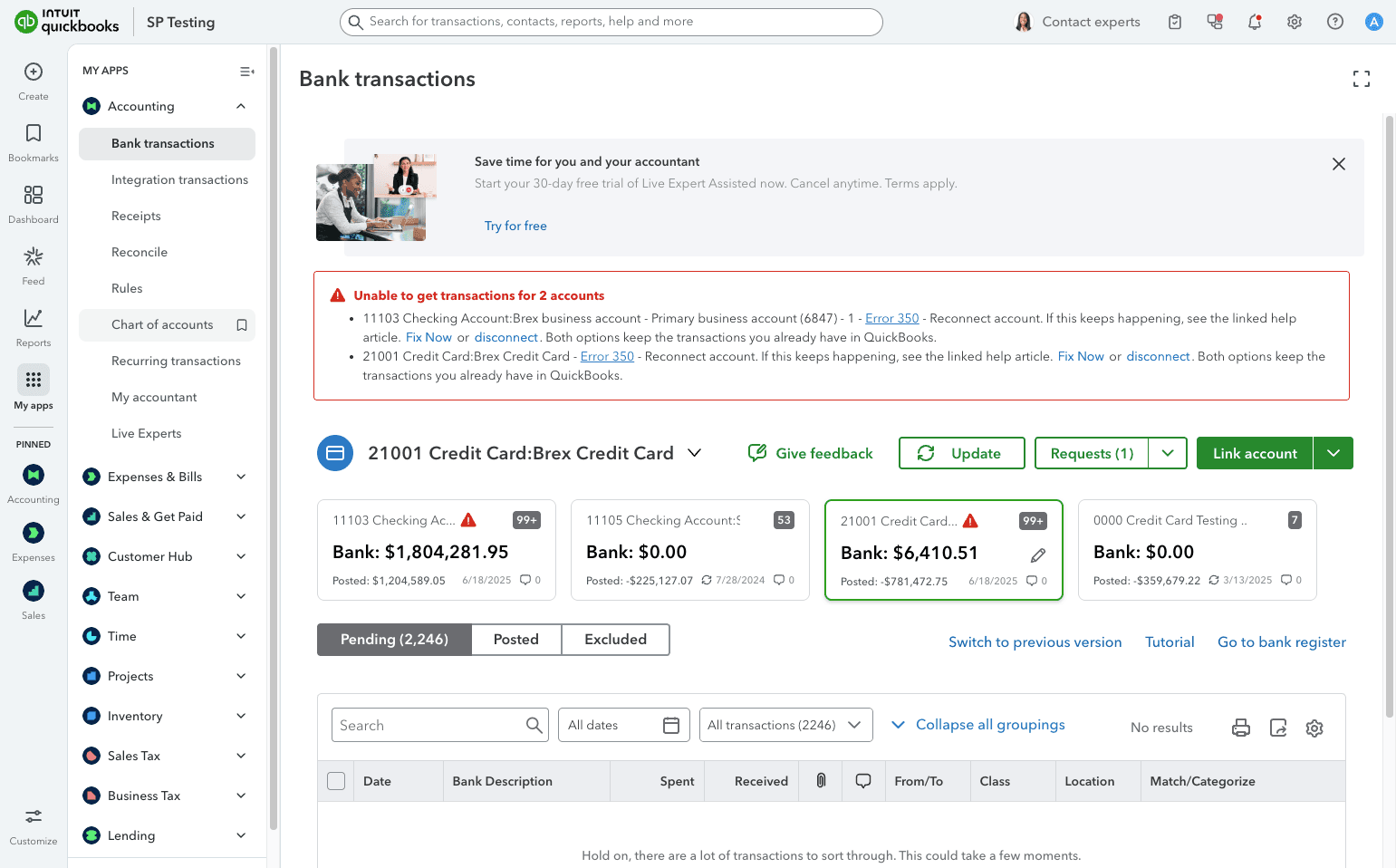 Screenshot showing Chart of Accounts in QuickBooks