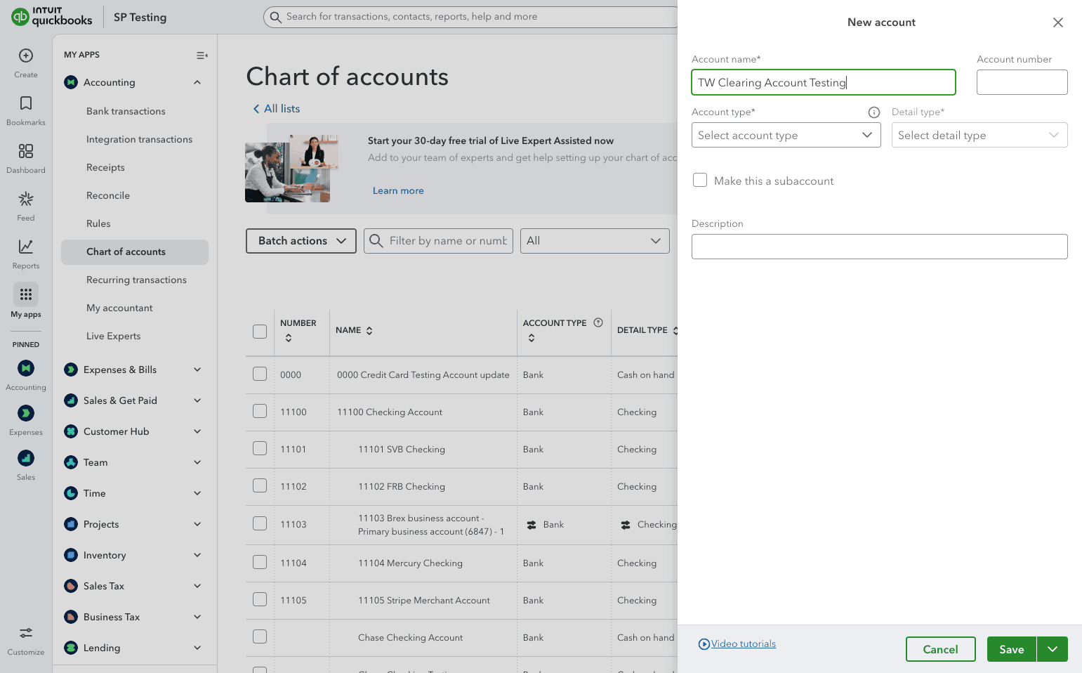 Screenshot showing the QuickBooks account details form
