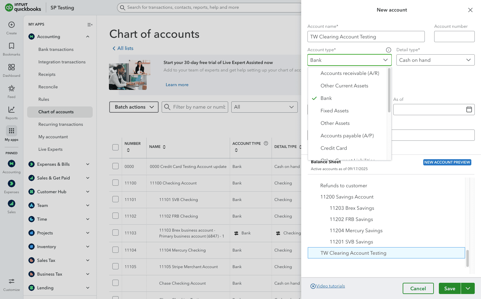 Screenshot showing the account type selector in QuickBooks
