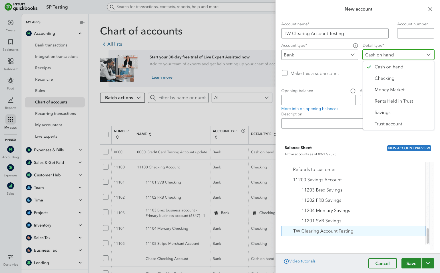 Screenshot showing the detail type selector in QuickBooks