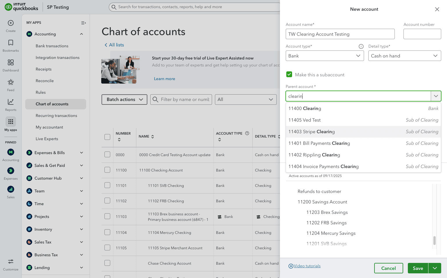 Screenshot showing the parent account selector in QuickBooks