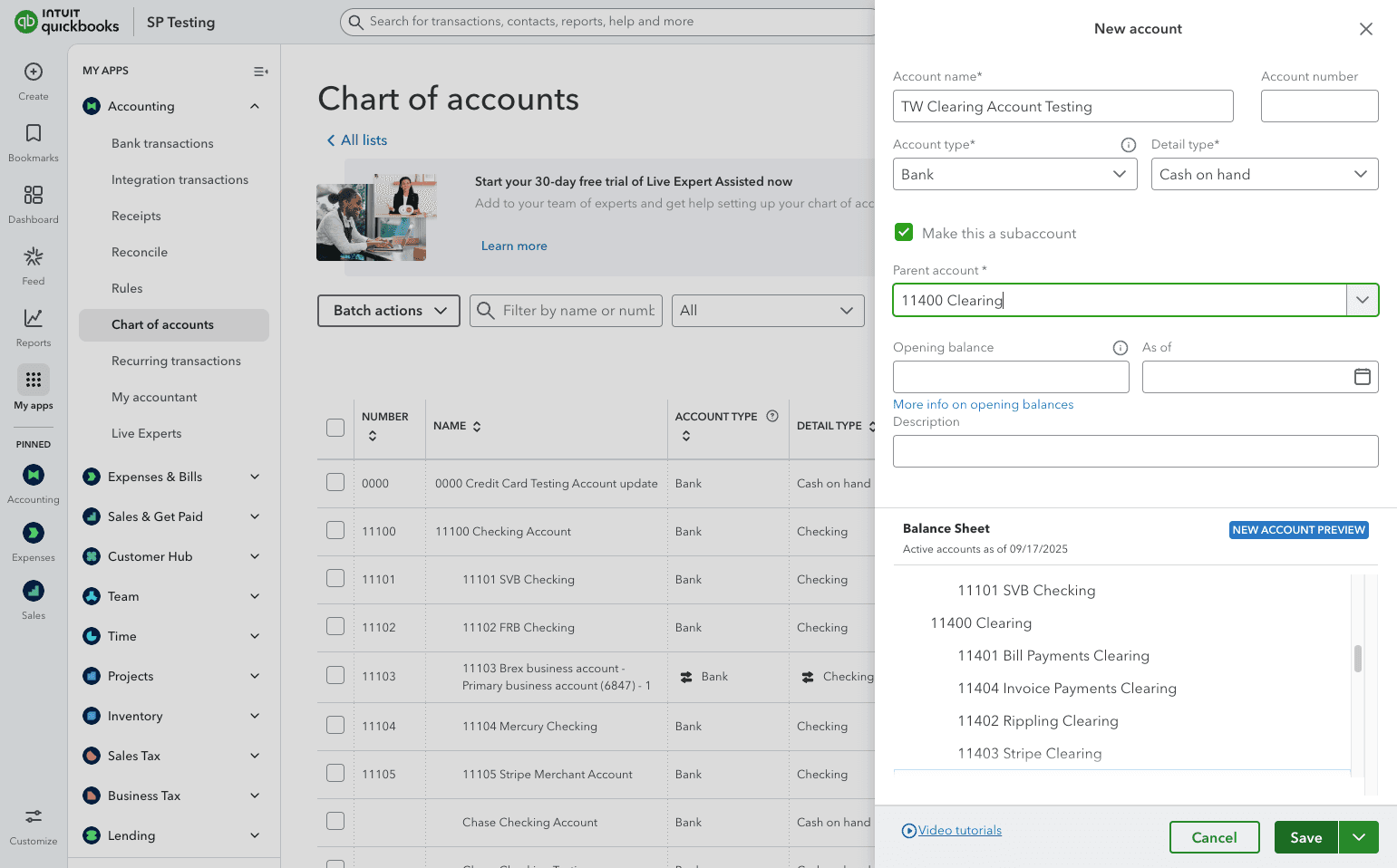 Screenshot showing Save in the QuickBooks account form