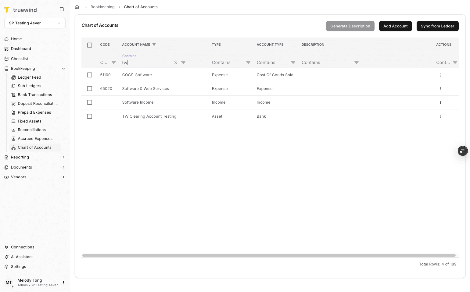 Screenshot showing Chart of Accounts in Truewind
