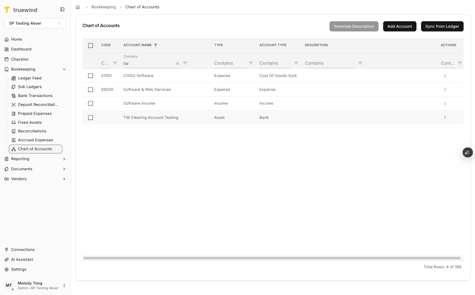 Screenshot showing the new account in the Truewind chart of accounts