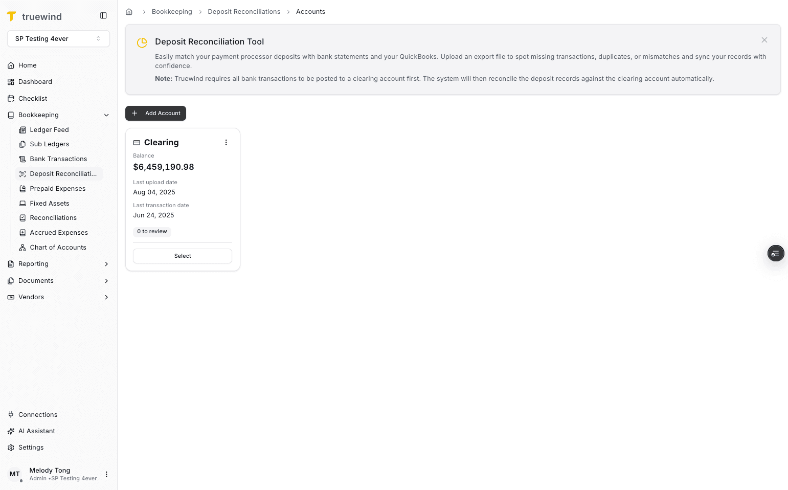 Screenshot showing Add Account in Deposit Reconciliation