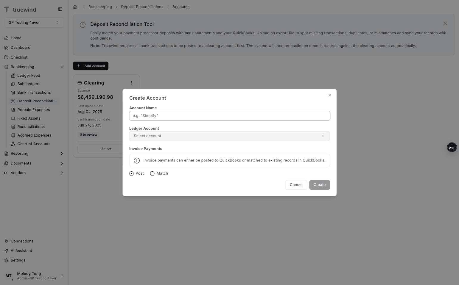 Screenshot showing the Deposit Reconciliation account name field