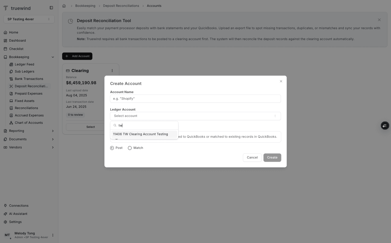 Screenshot showing the QuickBooks ledger mapping selector