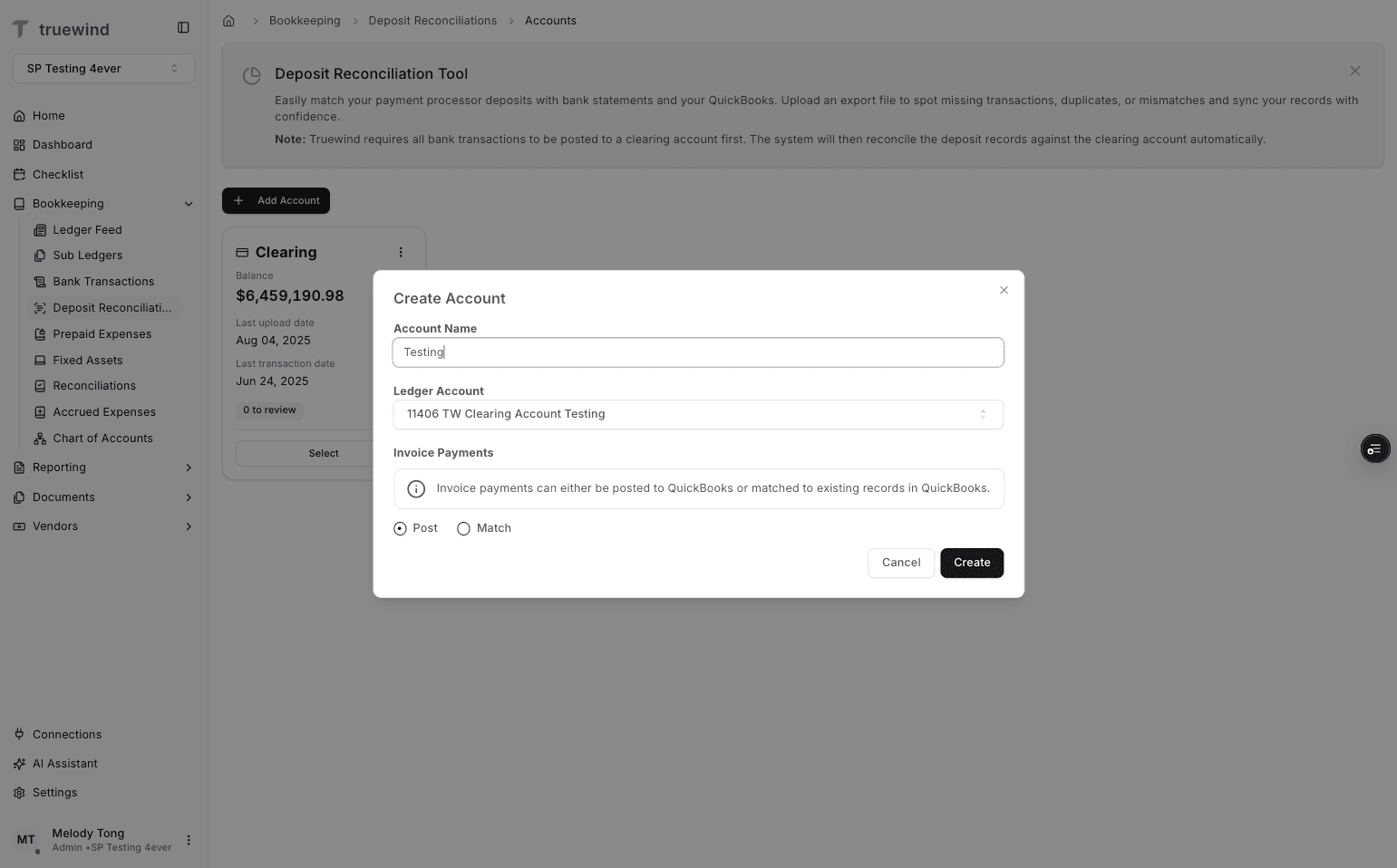 Screenshot showing the Post or Match option in Deposit Reconciliation