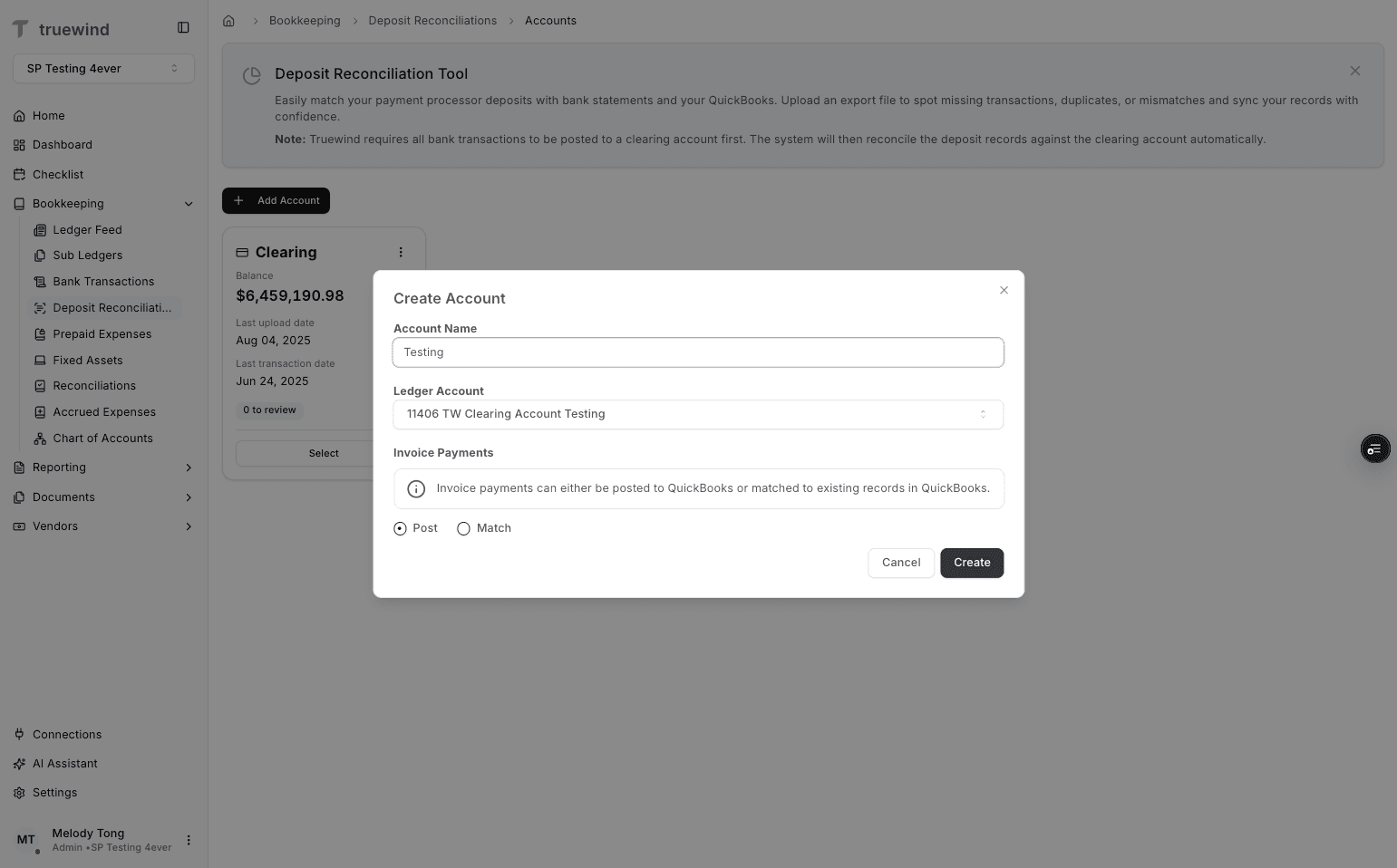 Screenshot showing Create in Deposit Reconciliation account setup