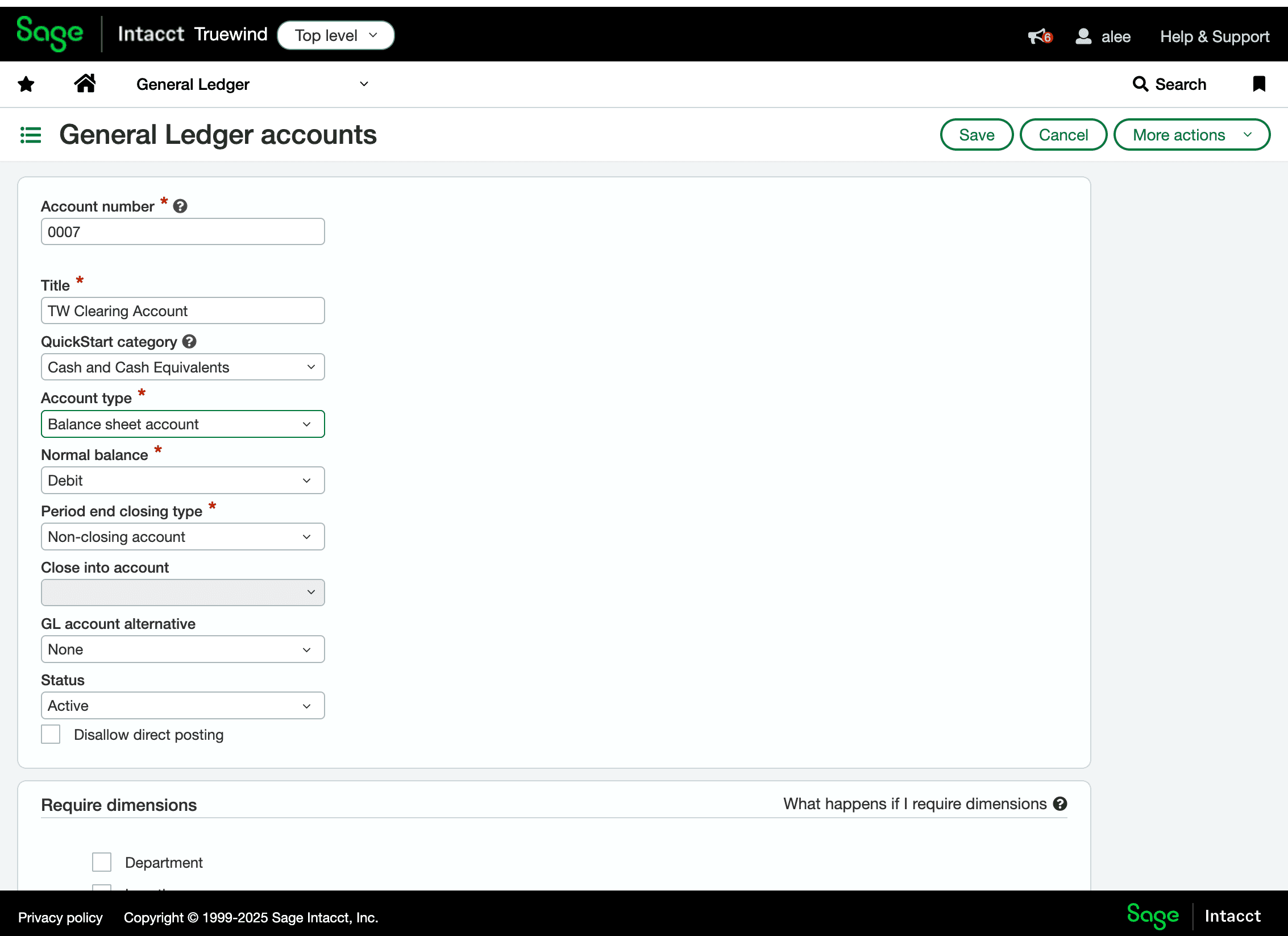 Screenshot showing Balance sheet account selected in Sage