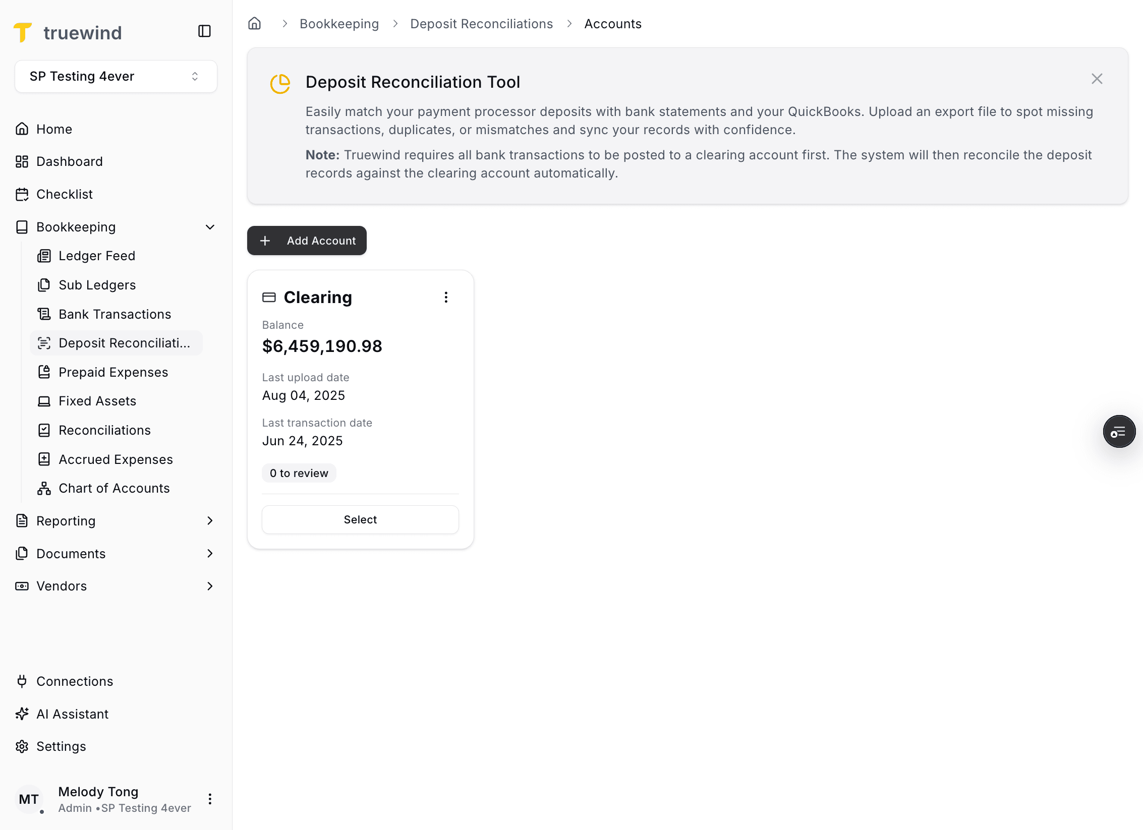 Screenshot showing Add Account in Deposit Reconciliation