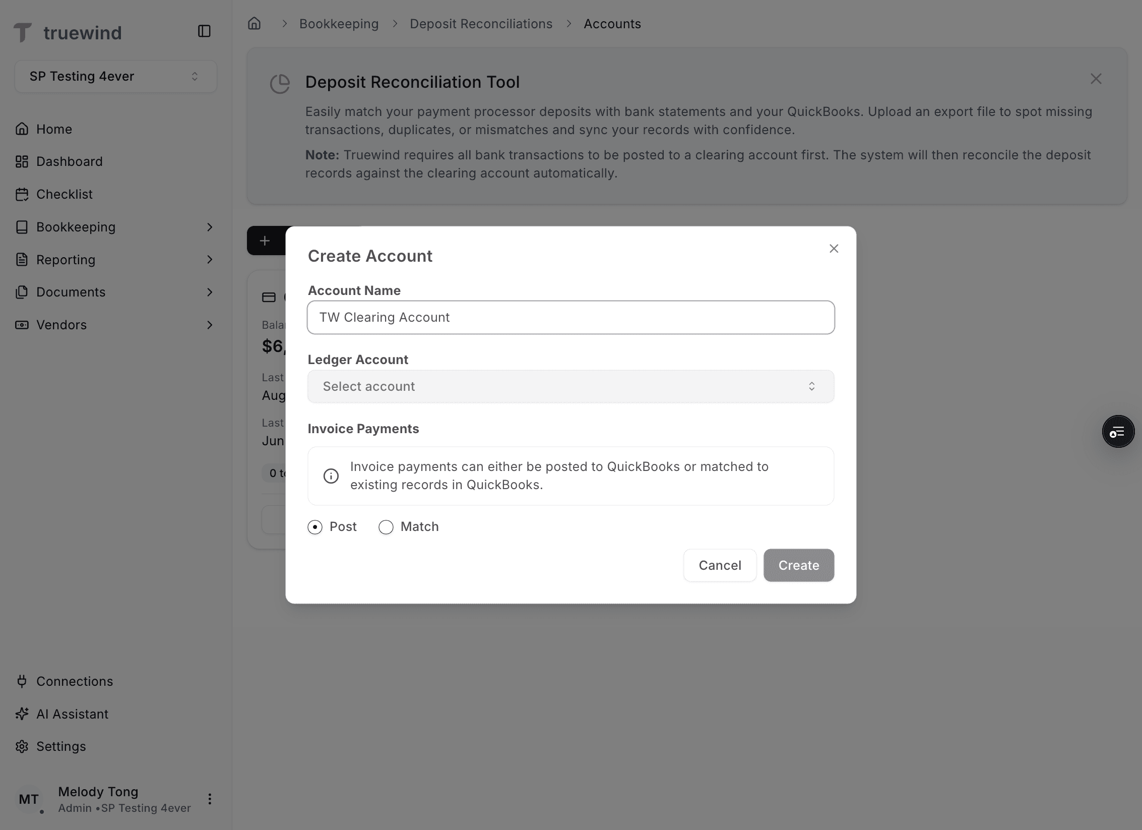 Screenshot showing the clearing-account mapping selector