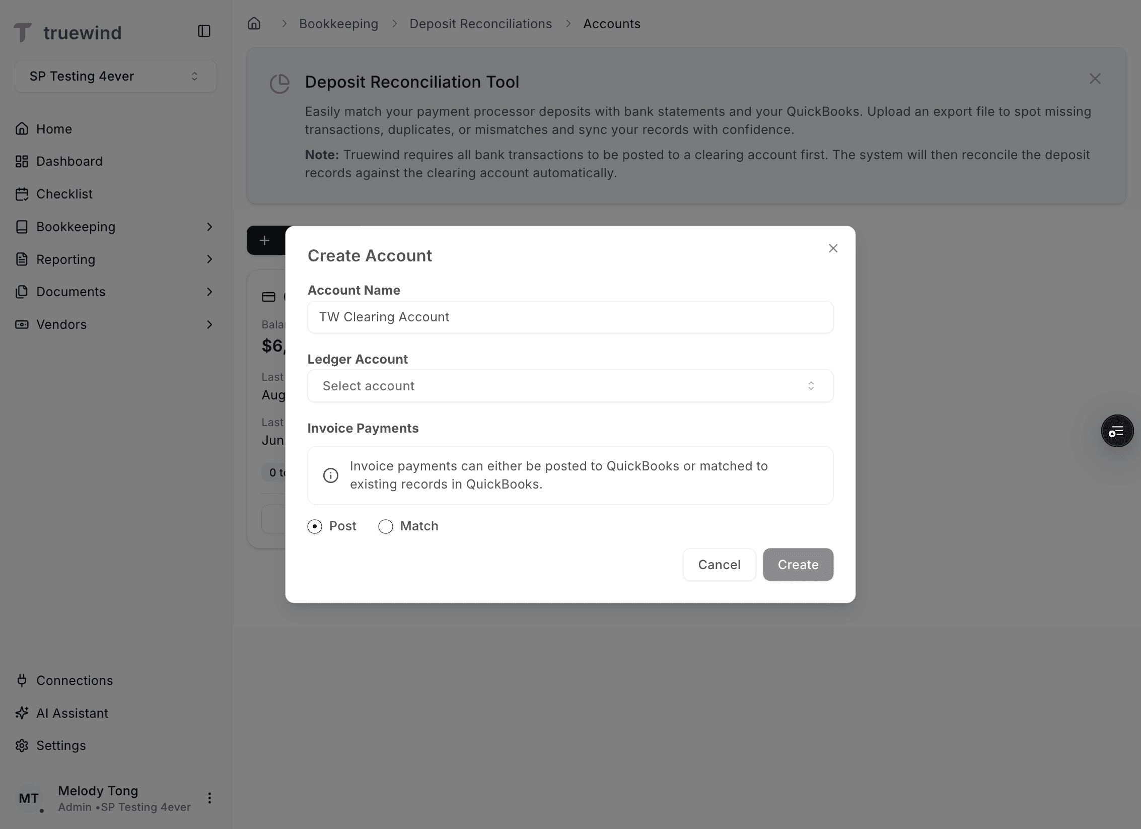 Screenshot showing Create in Deposit Reconciliation account setup