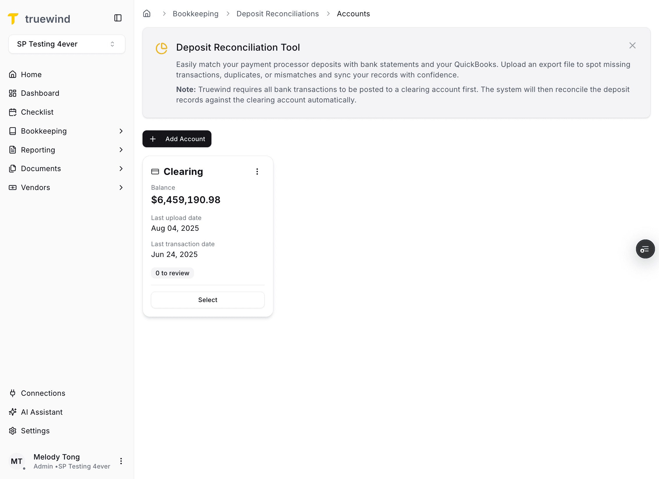 Screenshot showing the created clearing account in Deposit Reconciliation