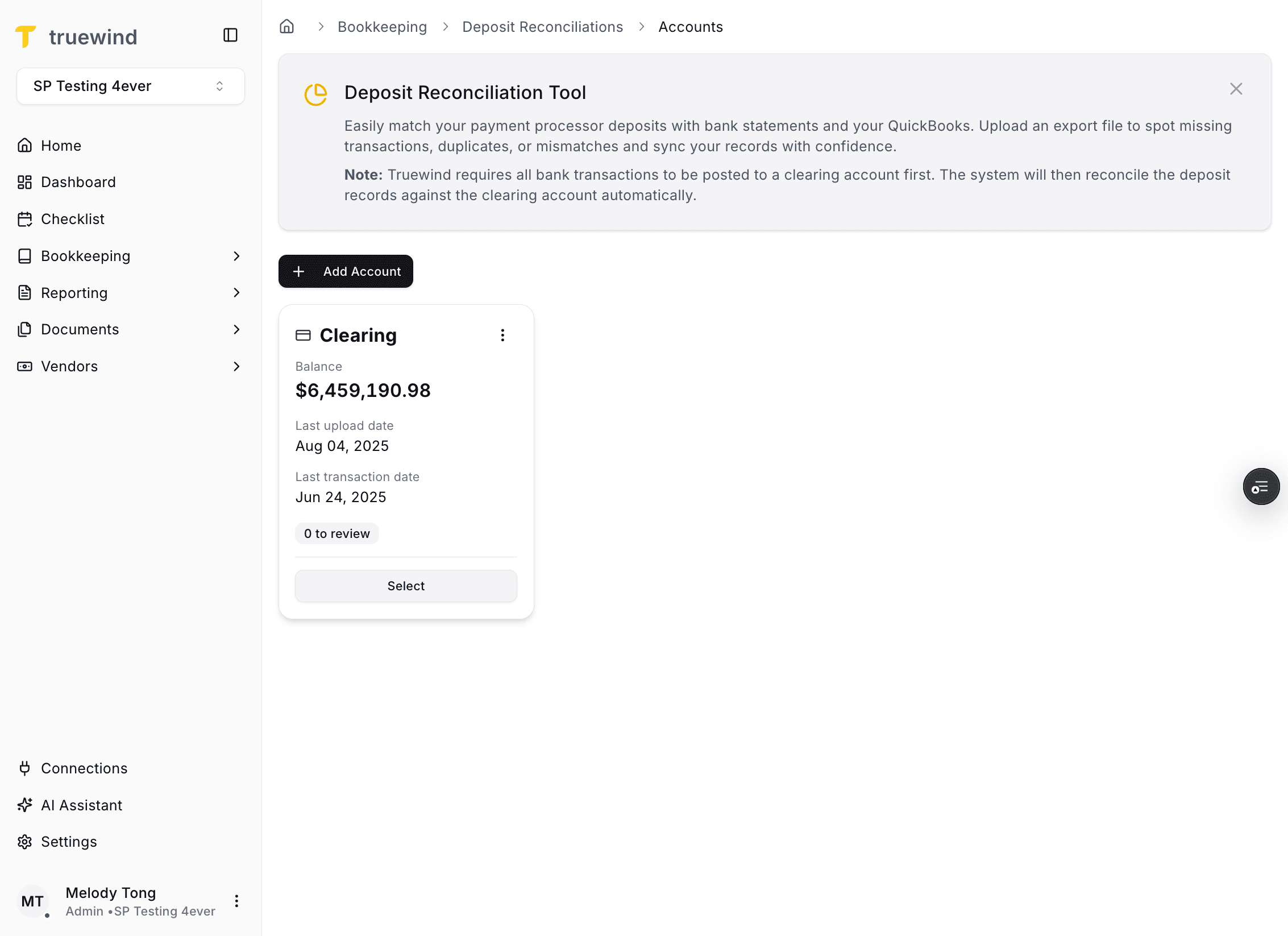 Screenshot showing the selected clearing account in Deposit Reconciliation