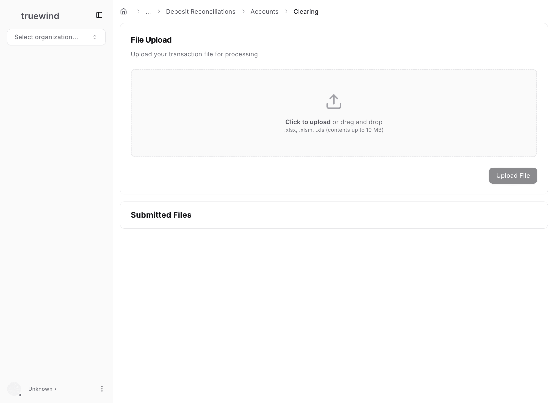 Screenshot showing the file upload step in Deposit Reconciliation