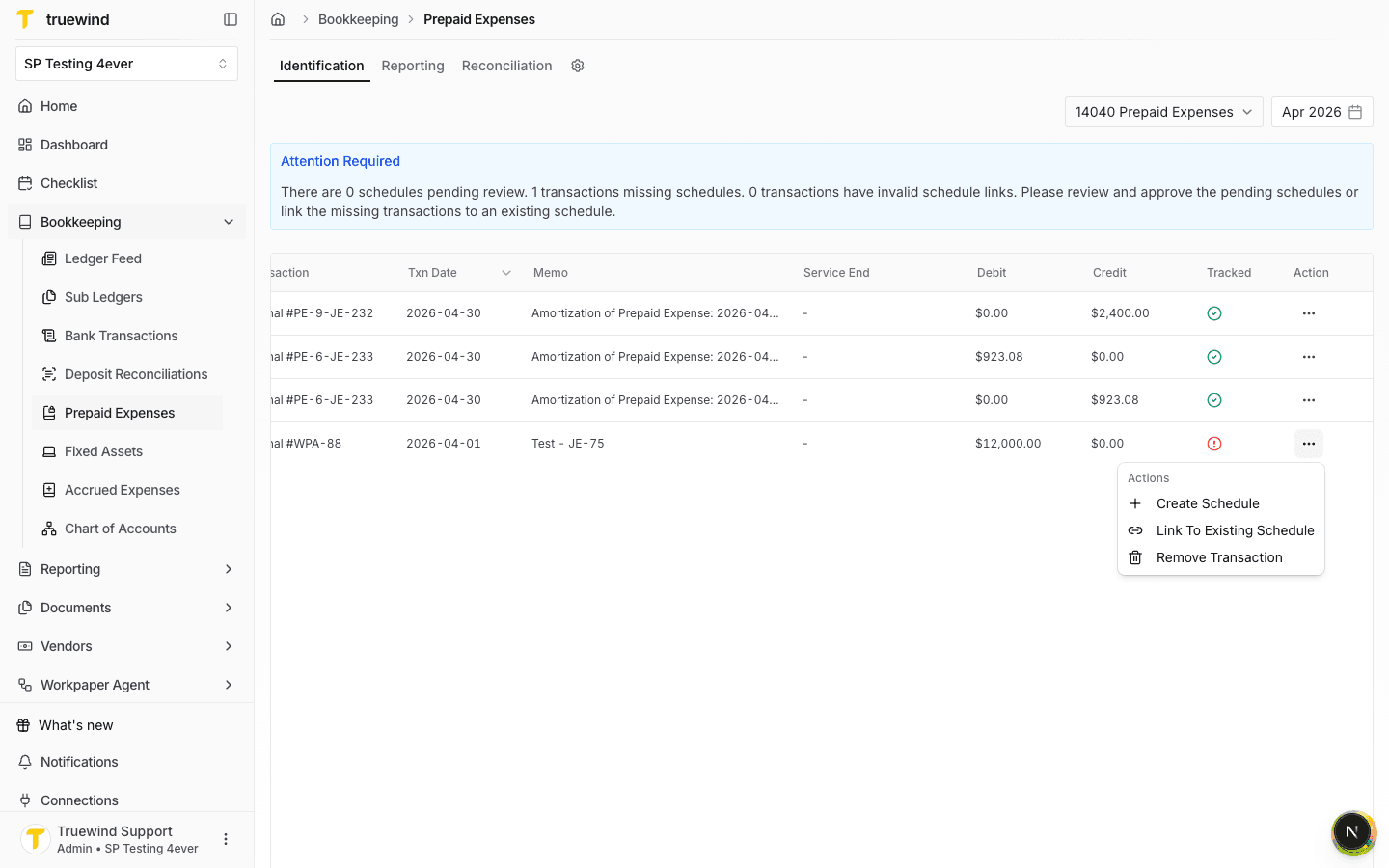 Row action menu opened for an untracked prepaid expense transaction