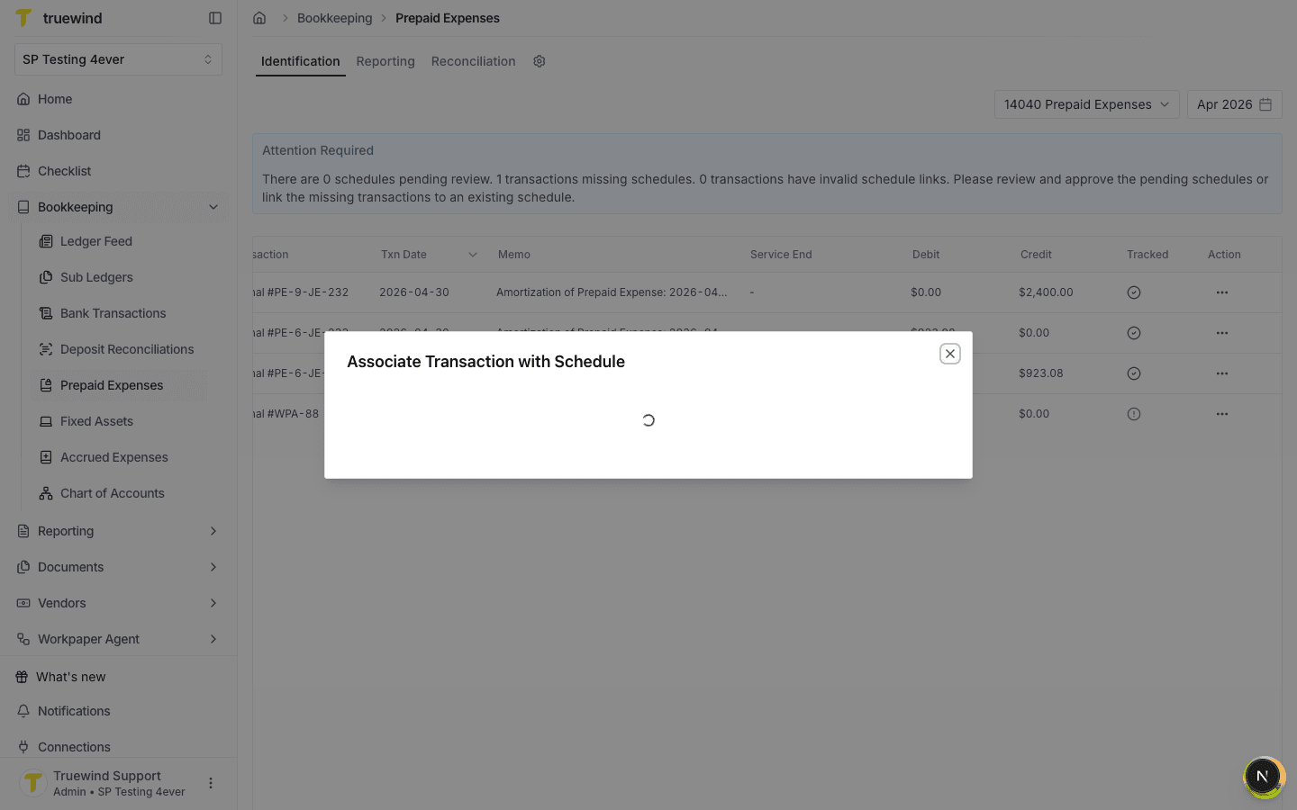 Associate Transaction with Schedule modal opened from the Link To Existing Schedule action