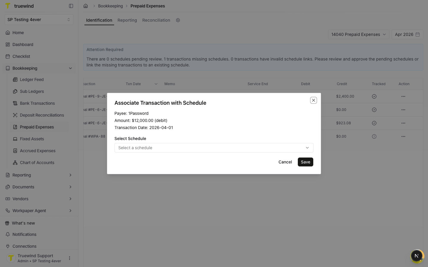 Association modal showing transaction details and an empty schedule selector