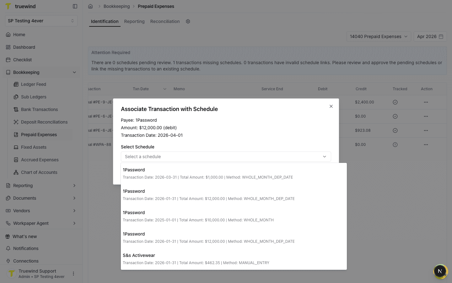 Schedule selector dropdown listing available prepaid expense schedules