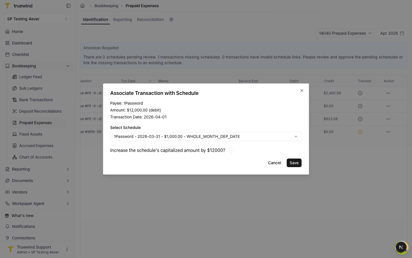 Association modal with an existing schedule selected for the transaction