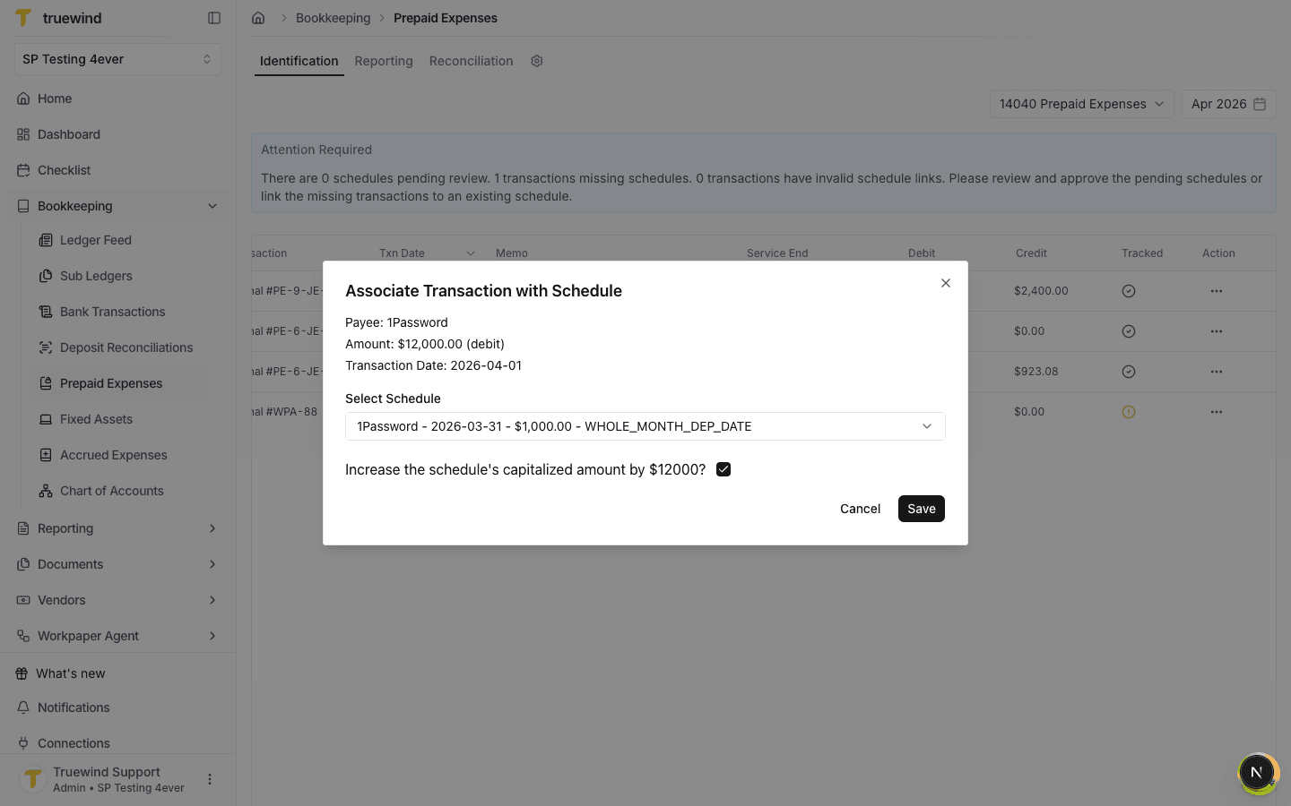 Association modal showing the capitalized amount option and Save button before changes are applied