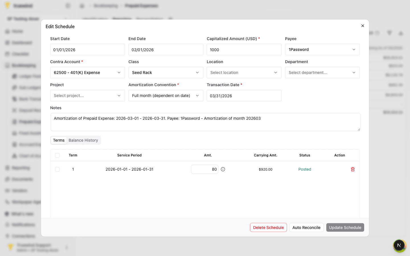 Edit Schedule modal showing schedule dates, amount, payee, accounts, and terms