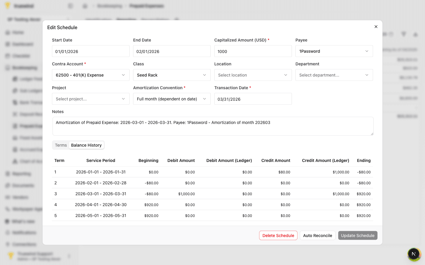 Edit Schedule modal showing balance history after reviewing the linked prepaid expense schedule